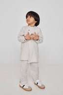 Undyed Boldstripe Linen Boys Side Open Kurta Set