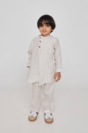 Undyed Boldstripe Linen Boys Side Open Kurta Set