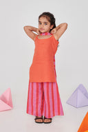 Tangerine Linen Girls Slip Kurta And Sharara Pants Set