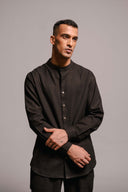 Carbon Co-Linen Men's Band Collar Shirt On Sale