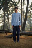 Sky Pinstripe Linen Men's Band Collar Shirt – Slim Fit