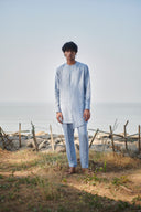 Sky Pinstripe Linen Side Open Kurta Set
