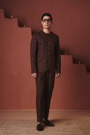 Coffee Co-Linen Men's Round Neck Jacket Set