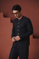 Carbon Co-Linen Men's Round Neck Jacket Set