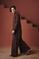 Coffee Co-Linen Men's Pleated Yoke Kurta Set