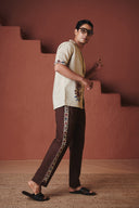 Beige Coffee Chintz Co-Linen Men's Camp Collar Shirt Set