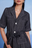 Graphite Linen Denim Front Tie Jacket