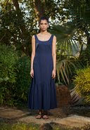 Navy Co-Linen Sleeveless Tiered Dress On Sale