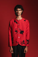 Scarlet Silk Embroidered Men's Round Neck Jacket