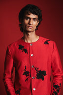 Scarlet Silk Embroidered Men's Round Neck Jacket