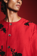 Scarlet Silk Embroidered Men's Round Neck Jacket