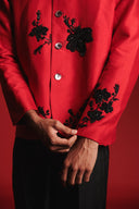 Scarlet Silk Embroidered Men's Round Neck Jacket