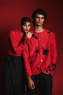 Scarlet Silk Embroidered Men's Round Neck Jacket