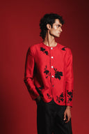 Scarlet Silk Embroidered Men's Round Neck Jacket