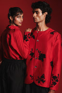 Scarlet Silk Embroidered Men's Round Neck Jacket