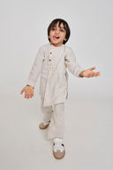 Undyed Boldstripe Linen Boys Side Open Kurta Set