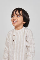 Undyed Boldstripe Linen Boys Side Open Kurta Set