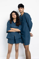 Indigo Linen Women's Shorts Set On Sale