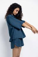 Indigo Linen Women's Half Sleeves Shirt - Sale