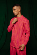 Coral Linen Men's Band Collar Shirt Set