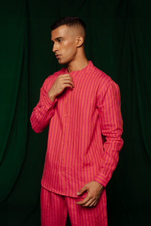 Coral Linen Men's Band Collar Shirt