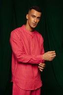 Coral Linen Men's Band Collar Shirt Set