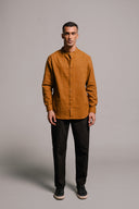 Olive Co-Linen Men's Band Collar Shirt - Sale
