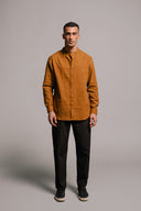 Olive Co-Linen Men's Band Collar Shirt On Sale