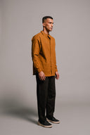 Olive Co-Linen Men's Band Collar Shirt On Sale