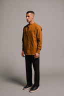 Olive Co-Linen Men's Band Collar Shirt On Sale