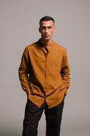 Olive Co-Linen Men's Band Collar Shirt On Sale
