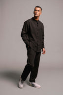 Carbon Co-Linen Men's Band Collar Shirt On Sale