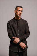 Carbon Co-Linen Men's Band Collar Shirt - Sale