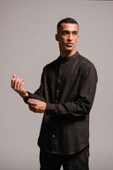 Carbon Co-Linen Men's Band Collar Shirt On Sale