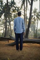 Sky Pinstripe Linen Men's Band Collar Shirt – Slim Fit - Sale