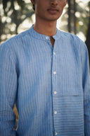 Sky Pinstripe Linen Men's Band Collar Shirt – Slim Fit - Sale