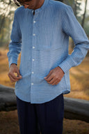 Sky Pinstripe Linen Men's Band Collar Shirt – Slim Fit - Sale