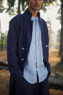 Sky Pinstripe Linen Men's Band Collar Shirt – Slim Fit - Sale