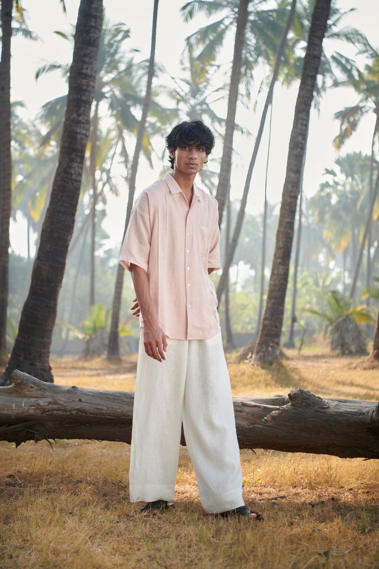 Blush Linen Men's Pleated Camp Collar Shirt image 3