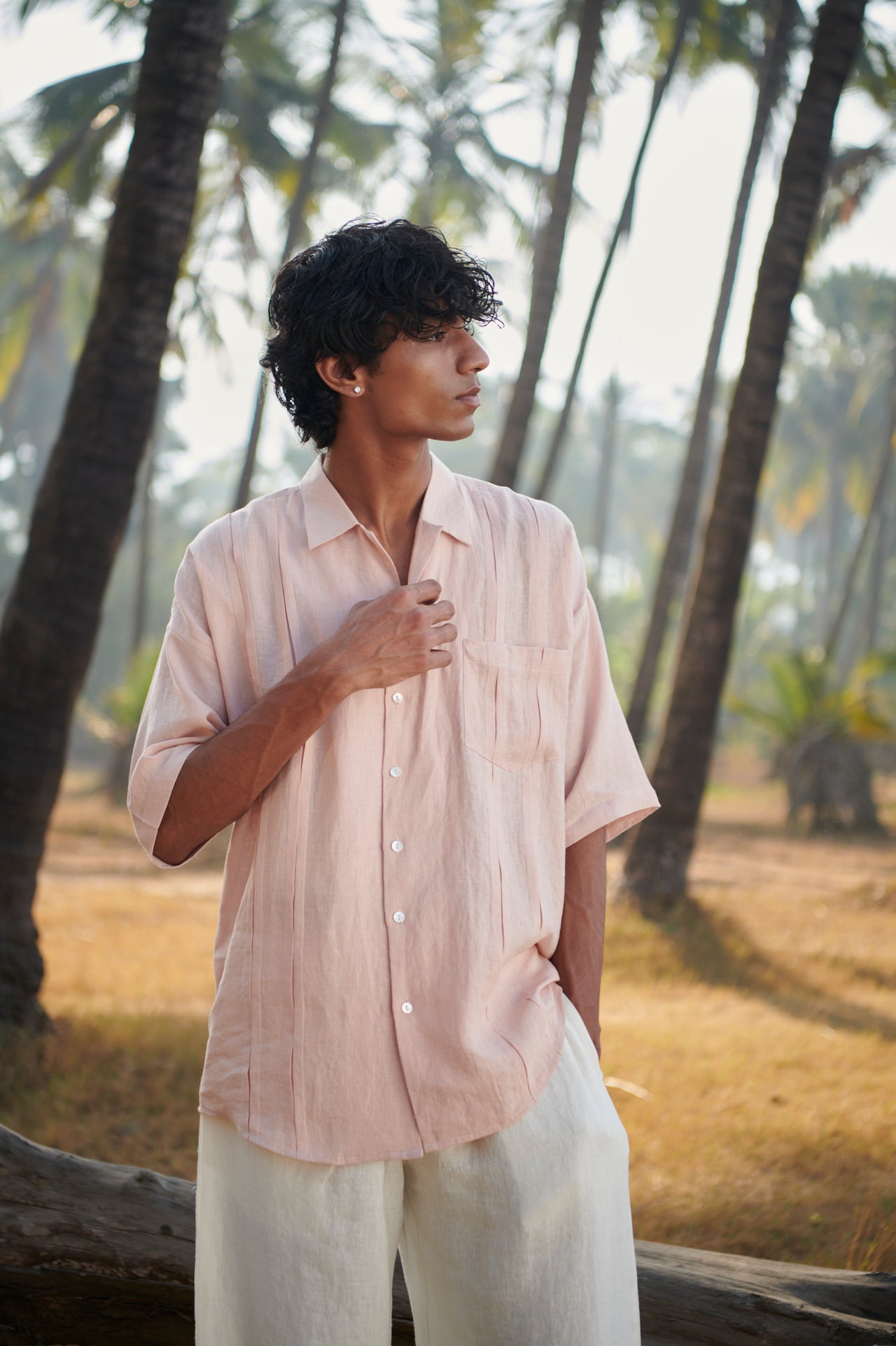 Blush Linen Men's Pleated Camp Collar Shirt image 1