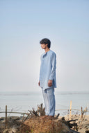 Sky Pinstripe Linen Side Open Kurta Set - Sale