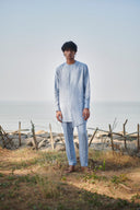 Sky Pinstripe Linen Side Open Kurta Set - Sale