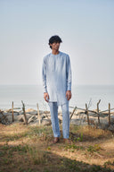Sky Pinstripe Linen Side Open Kurta Set