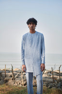 Sky Pinstripe Linen Side Open Kurta Set - Sale