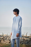 Sky Pinstripe Linen Side Open Kurta Set - Sale