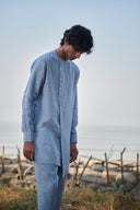 Sky Pinstripe Linen Side Open Kurta Set - Sale