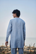 Sky Pinstripe Linen Side Open Kurta Set - Sale