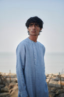 Sky Pinstripe Linen Side Open Kurta Set - Sale