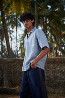 Sky Pinstripe Linen Men's Popover Shirt - Sale