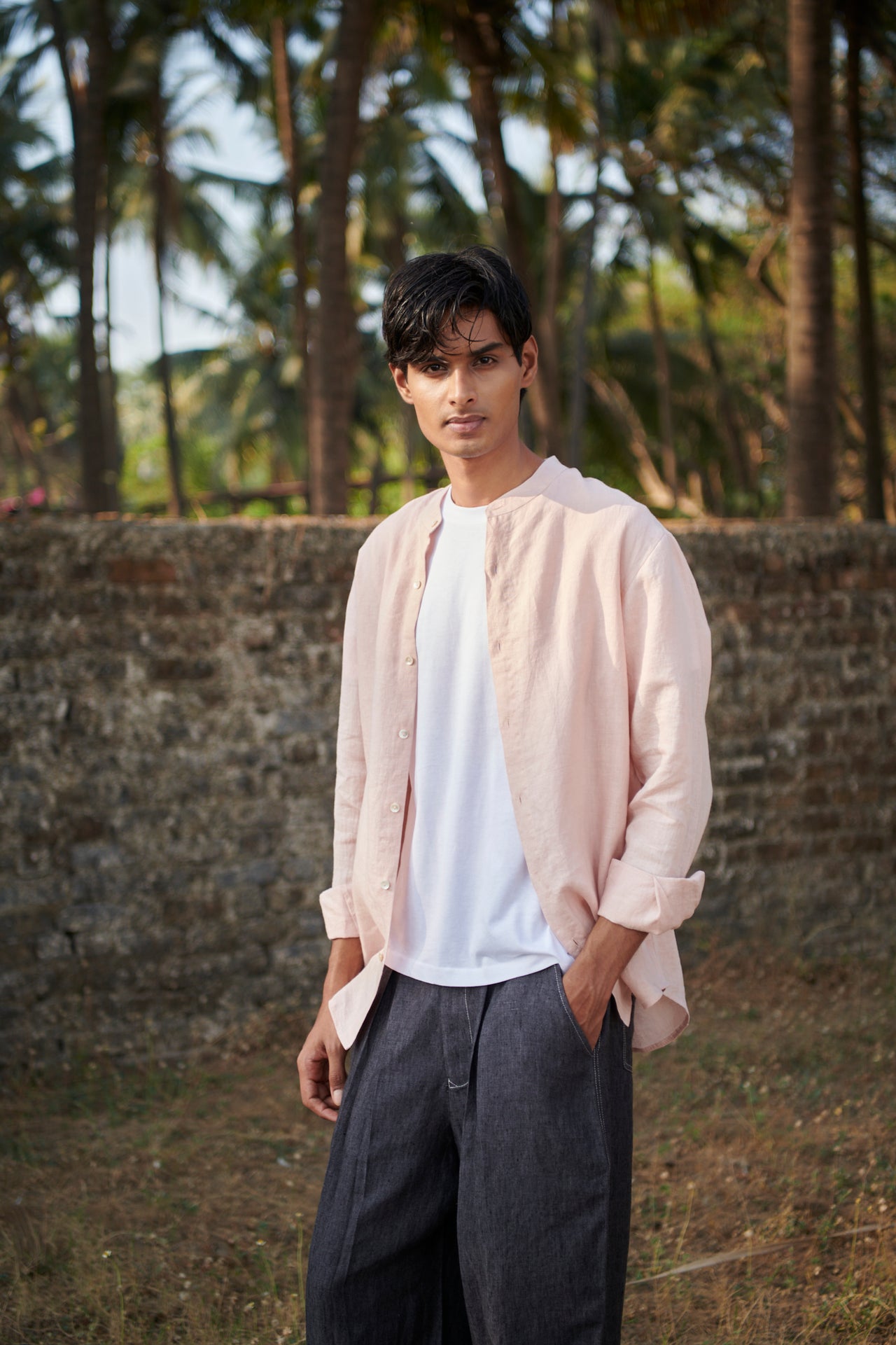 Blush Linen Men's Band Collar Shirt image 3